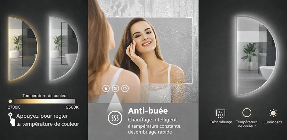 Miroir LED demi-lune Openda 1000x900 mm antibuée tactile